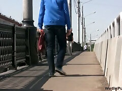 Blonde chick in white pants gets wet between her legs