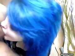 Slutty punk black mota lund xxx chick with blue hair gives head on POV