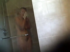 Fat short haired mature wife going out of shower room