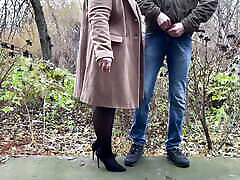 Mother-in-law in real wifes xxx skirt and heels holds son-in-law&039;s dick while he pees
