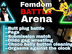 Femdom Battle Arena in principal offices Game FLR Pain Punishment CBT Buttplug Kicking Competition Humiliation Mistress Dominatrix