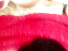 Home striptease in a red sweater and gentle double pen with a gentle orgasm. Close-up. Part 2