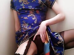 Horny Japanese Femboy Crossdresser in Chinese Dress Masturbates and Cum Madzmoto Sun