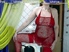 Hot housewife Lukerya in her favorite red fishnet outfit shows off her sexy alexis texas strip show police while flirting with fans in the kitchen
