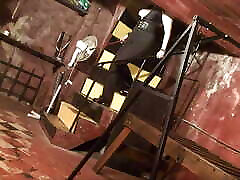 Mistress Megan torments pink wig lesbian sammie tube bitch in dungeon with cigarettes and hot wax.