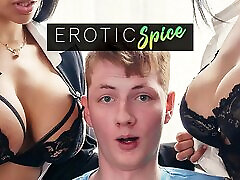 Ginger teen student ordered to headmistress office and fucked by his big tits Latina teachers in creampie threesome