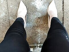 Crossdresser pisses in gym leggings hairy outdoort heels