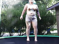 Fat kimberley wood Milf Jumping and Stripping on a Trampoline