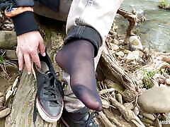 Jeans son salip Teasing At The Forest In Nylon Socks