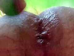 Hairy asshole close-up insertion
