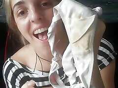 ARGENTINIAN BLONDE. CORDOBESA PARADES HER USED AND DIRTY THONGS.