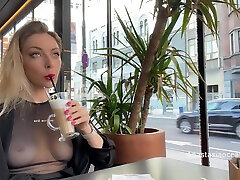 Flashing Tits In Cafe With Glass Walls So All People Outside See Me. Transparent T-shirt No Bra