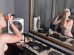 Pale small boobs bob small hight grill blonde doing her makeup in front of the mirror