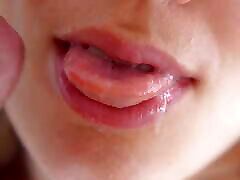Super Closeup busty girl lust In Mouth, Her Sensual Lips & Tongue Make Him Cum