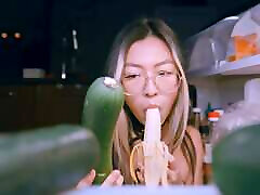 Hungry teen fucks herself with a cucumber while sucking cock for some extra protein