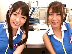 Pretty cheerleader with long hair masturbating passionately in the office