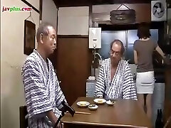 Young Asian daughter serves daddy and his friend then gives him a bath