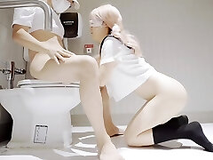 Lovely Blonde Asian College Girl Skips Classes To Fuck With Her Boyfriend In the Toilet