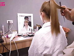 Blonde steaming sexy OL wife with stockings cheating with her manager