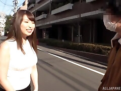 Inexperienced Japanese babe Akiyama Shouko teases with her big boobs