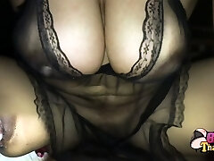 Large boobs step mom in black see through