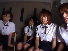 Four Japanese school chicks spitting on teacher