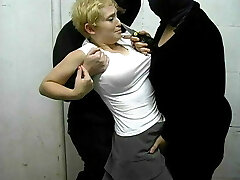 Brief-haired kinkster dragged to restrain bondage room by two S and M