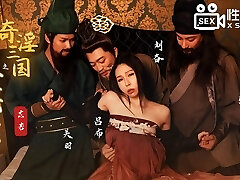 Busty hot Asian wife with sexy cosplay dress have her first time group sex with three big cocks