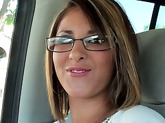 Seductive blonde damsel wearing glasses leads dirty talks in the van