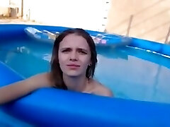 College chick with small bumpers gets fucked in the pool