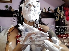 Short shaving fluid all over my face and ass