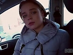 Debt4k. Ultra-cutie Calibri Angel blows agent in his car and has ass-fuck with him sex indoors