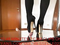 Domme Elle in high heels thigh boots smash her subs cock