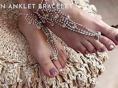 Feet fuck and feetjob with chain anklet bracelet and cover them with a big load of spunk