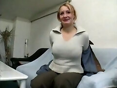 Plump mature blonde female gives interview and undresses