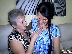 Dirty old woman sucks on tits