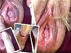 Licking and pummeling a meaty hole of a young mom after pissing. Close-up