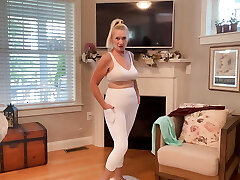 66 YEAR Senior MILF TRY ON WHITE LEGGINGS AND RED LEATHER Pants