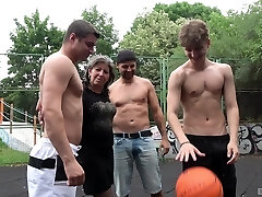 Amateur grandma gets fucked in gangbang on the basketball court