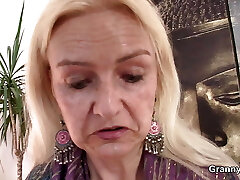 Skinny hairy-pussy blonde grandma rides big fuckpole