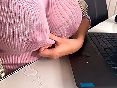 Hot Step Mother Seduces Step Son-in-law in the office, demonstrates him milky nipples and Makes big cock Hand-job