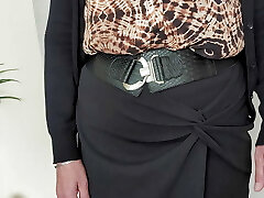 Going to work in a half-shirt, skirt ,stocking and heels. Ready for my younger boss to inspect my mature tits, ass and bald poon.