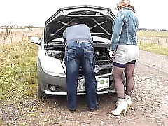 Public sex. Random passerby helped to repair van Frina and fucked her doggy fashion on auto hood. Whore. Superslut. Outdoor. Outside. In public. Casual sex luxurious Milf