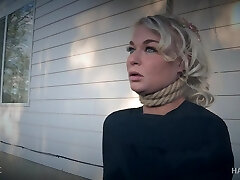 Platinum-blonde MILF bombshell London River choked and abused in bondage