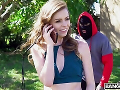Horny masked dude makes subjugated pale hottie Alex Blake suck his dick