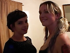 A Brunette and Blonde Lesbians Spank Each Other and Share a Dildo Until Orgasm