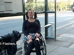 Paraprincess outdoor exhibitionism and flashing wheelchair strapped babe show
