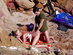 Little blonde anal slut is pounded into a stone wall doggy style