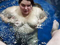Piss on her cute face in the pool - cum twice in pussy and tits of friend&039;s young chubby wife