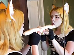 Russian cosplay girl sucks cock and feels a big suction cup dildo in her pussy
